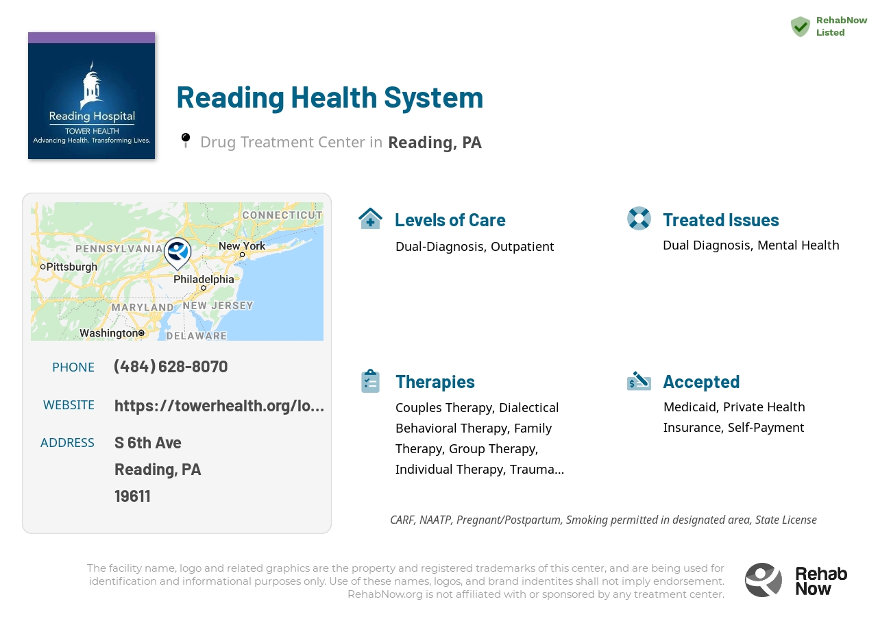 Helpful reference information for Reading Health System, a drug treatment center in Pennsylvania located at: S 6th Ave, Reading, PA 19611, including phone numbers, official website, and more. Listed briefly is an overview of Levels of Care, Therapies Offered, Issues Treated, and accepted forms of Payment Methods.