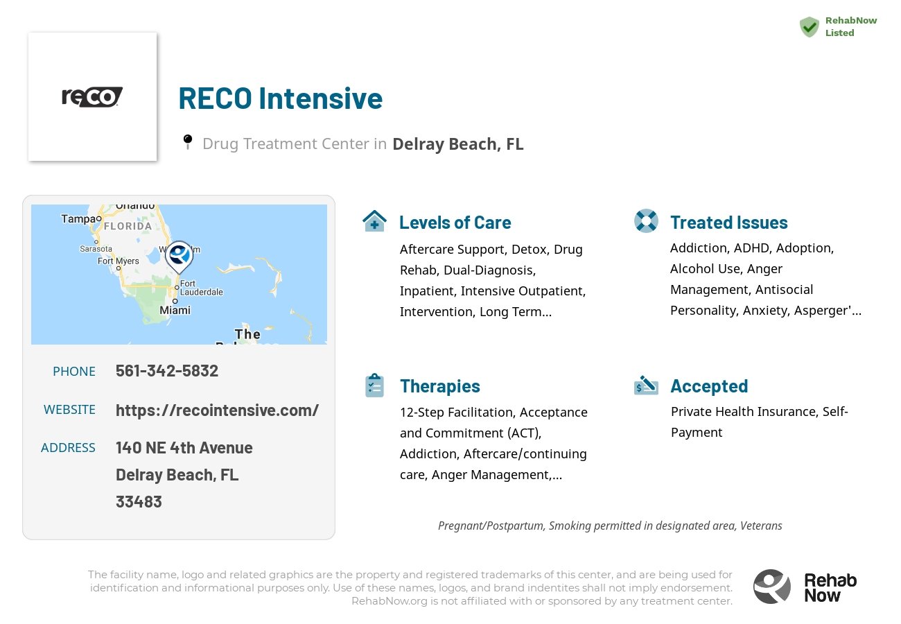 Helpful reference information for RECO Intensive, a drug treatment center in Florida located at: 140 NE 4th Avenue, Delray Beach, FL 33483, including phone numbers, official website, and more. Listed briefly is an overview of Levels of Care, Therapies Offered, Issues Treated, and accepted forms of Payment Methods.