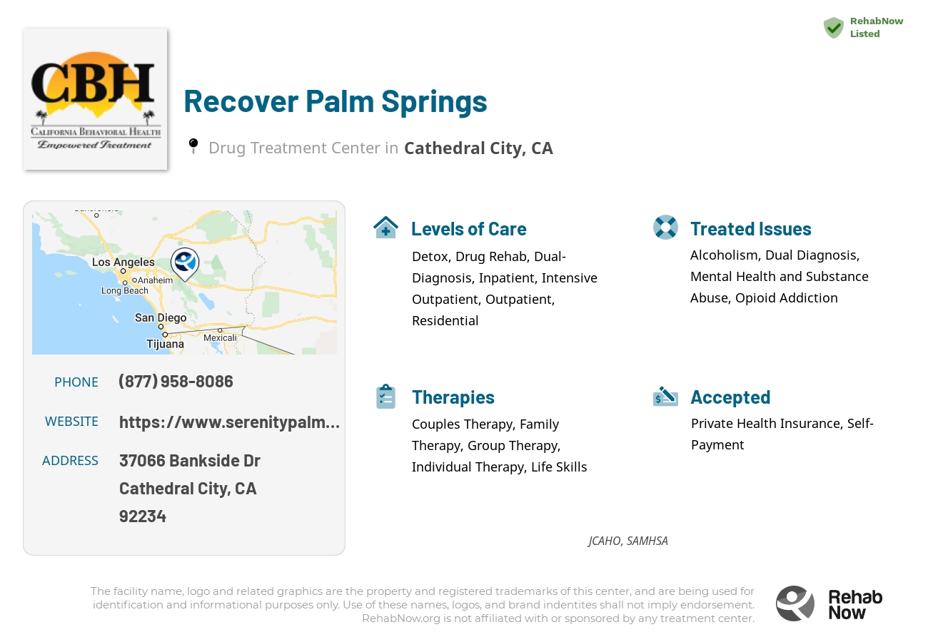 Helpful reference information for Recover Palm Springs, a drug treatment center in California located at: 37066 Bankside Dr, Cathedral City, CA 92234, including phone numbers, official website, and more. Listed briefly is an overview of Levels of Care, Therapies Offered, Issues Treated, and accepted forms of Payment Methods.