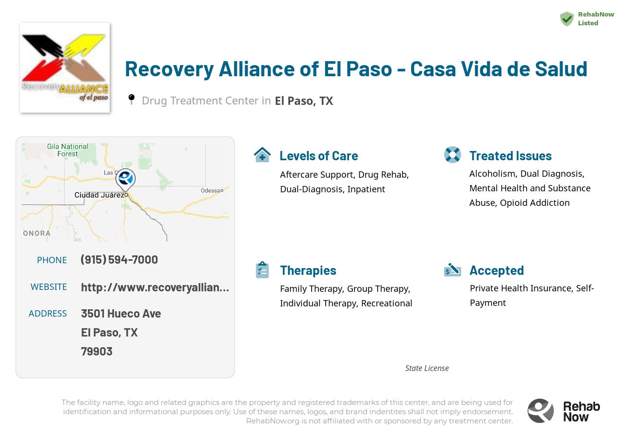 Helpful reference information for Recovery Alliance of El Paso - Casa Vida de Salud, a drug treatment center in Texas located at: 3501 Hueco Ave, El Paso, TX 79903, including phone numbers, official website, and more. Listed briefly is an overview of Levels of Care, Therapies Offered, Issues Treated, and accepted forms of Payment Methods.