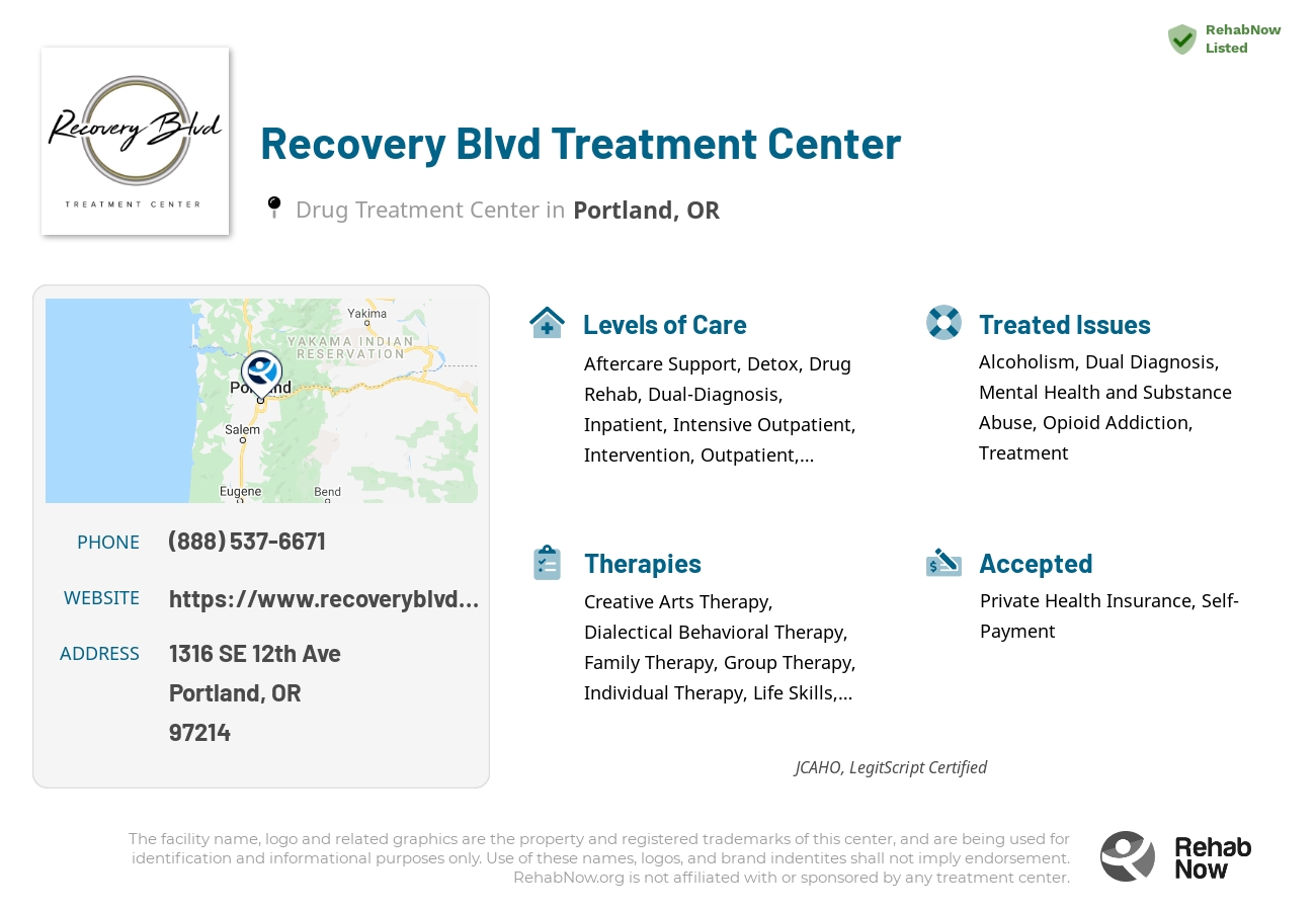 Helpful reference information for Recovery Blvd Treatment Center, a drug treatment center in Oregon located at: 1316 SE 12th Ave, Portland, OR 97214, including phone numbers, official website, and more. Listed briefly is an overview of Levels of Care, Therapies Offered, Issues Treated, and accepted forms of Payment Methods.