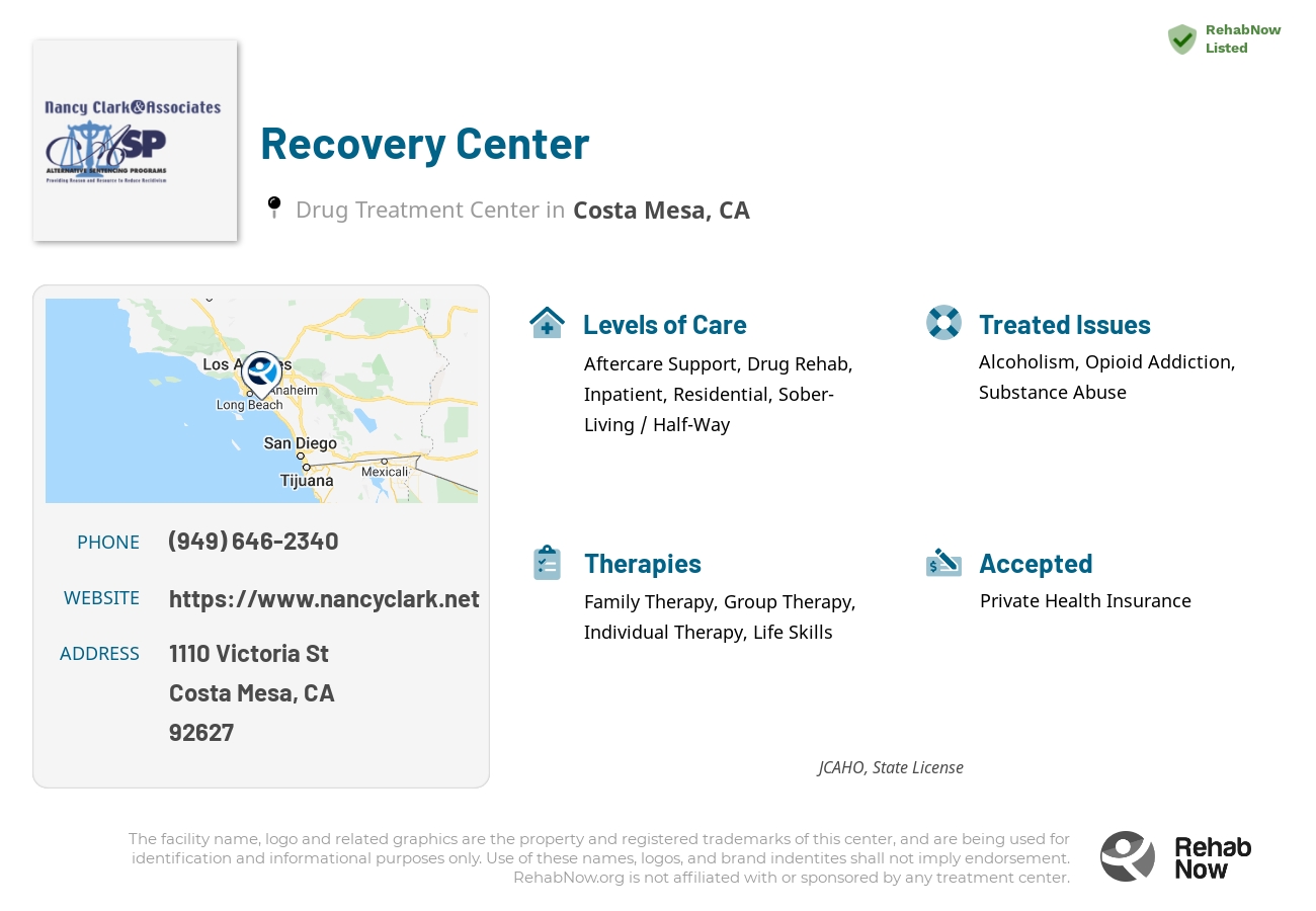 Helpful reference information for Recovery Center, a drug treatment center in California located at: 1110 Victoria St, Costa Mesa, CA 92627, including phone numbers, official website, and more. Listed briefly is an overview of Levels of Care, Therapies Offered, Issues Treated, and accepted forms of Payment Methods.