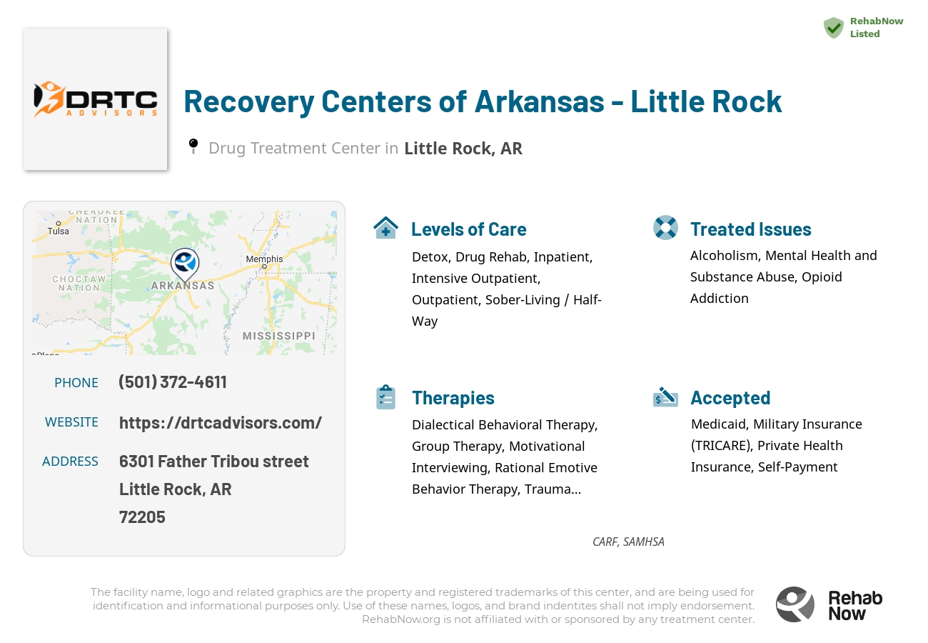 Helpful reference information for Recovery Centers of Arkansas - Little Rock, a drug treatment center in Arkansas located at: 6301 Father Tribou street, Little Rock, AR, 72205, including phone numbers, official website, and more. Listed briefly is an overview of Levels of Care, Therapies Offered, Issues Treated, and accepted forms of Payment Methods.
