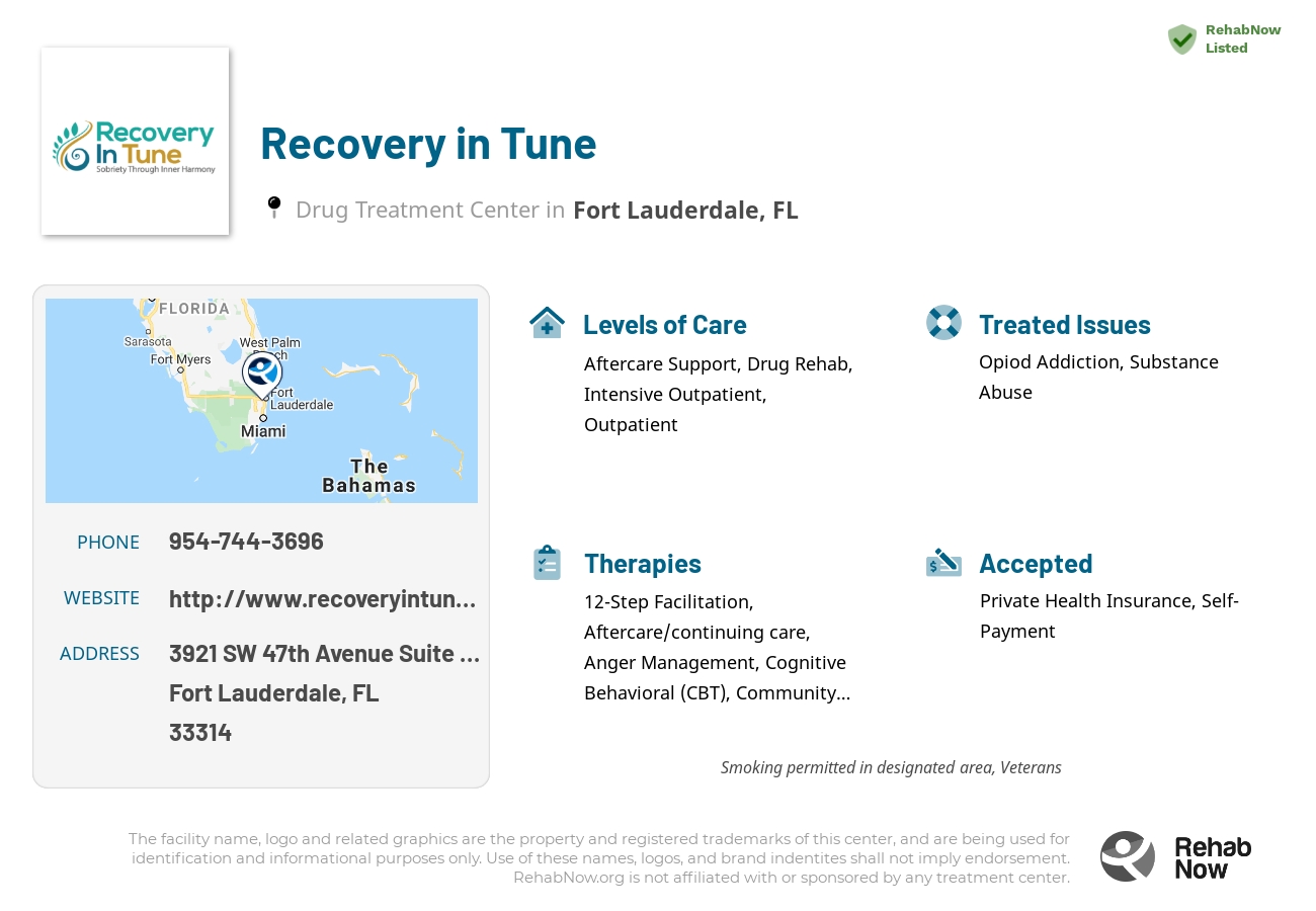 Helpful reference information for Recovery in Tune, a drug treatment center in Florida located at: 3921 SW 47th Avenue Suite 1008, Fort Lauderdale, FL 33314, including phone numbers, official website, and more. Listed briefly is an overview of Levels of Care, Therapies Offered, Issues Treated, and accepted forms of Payment Methods.