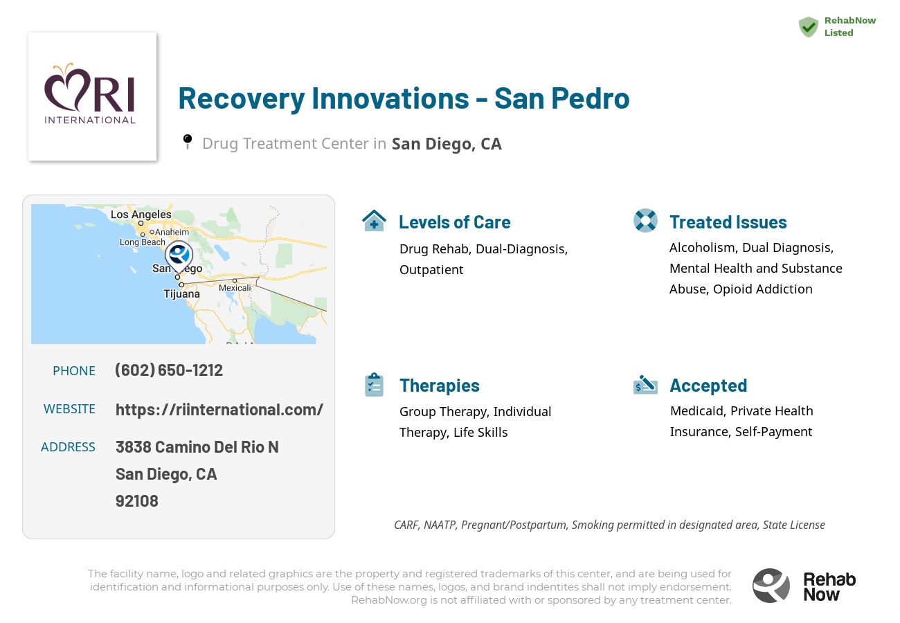 Helpful reference information for Recovery Innovations - San Pedro, a drug treatment center in California located at: 3838 Camino Del Rio N, San Diego, CA 92108, including phone numbers, official website, and more. Listed briefly is an overview of Levels of Care, Therapies Offered, Issues Treated, and accepted forms of Payment Methods.