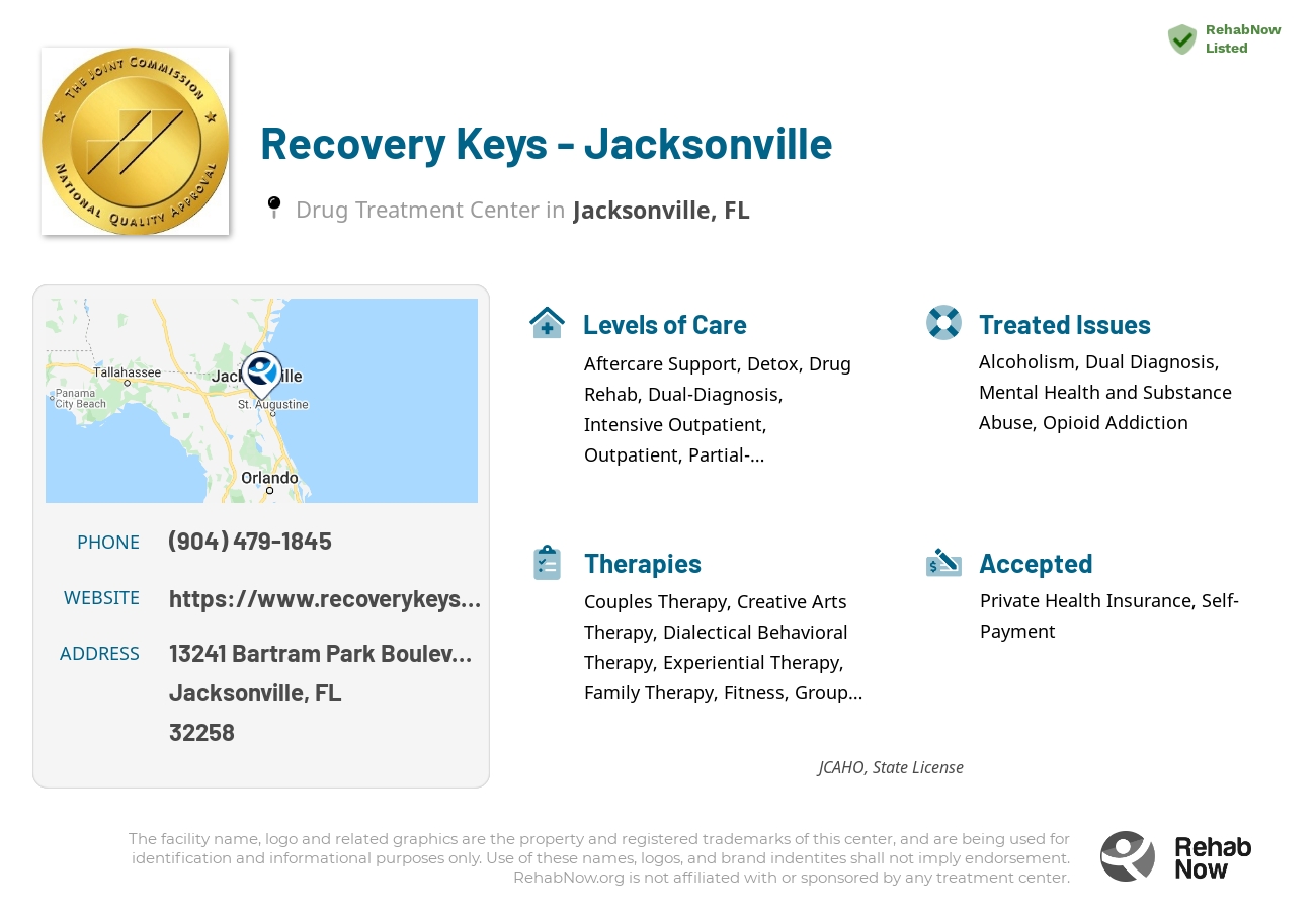 Helpful reference information for Recovery Keys - Jacksonville, a drug treatment center in Florida located at: 13241 Bartram Park Boulevard, Jacksonville, FL, 32258, including phone numbers, official website, and more. Listed briefly is an overview of Levels of Care, Therapies Offered, Issues Treated, and accepted forms of Payment Methods.