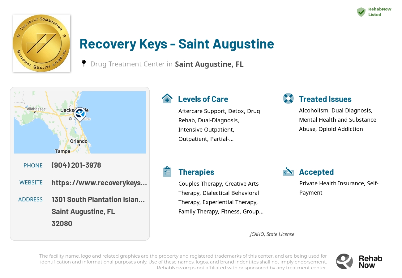 Helpful reference information for Recovery Keys - Saint Augustine, a drug treatment center in Florida located at: 1301 South Plantation Island Drive, Saint Augustine, FL, 32080, including phone numbers, official website, and more. Listed briefly is an overview of Levels of Care, Therapies Offered, Issues Treated, and accepted forms of Payment Methods.