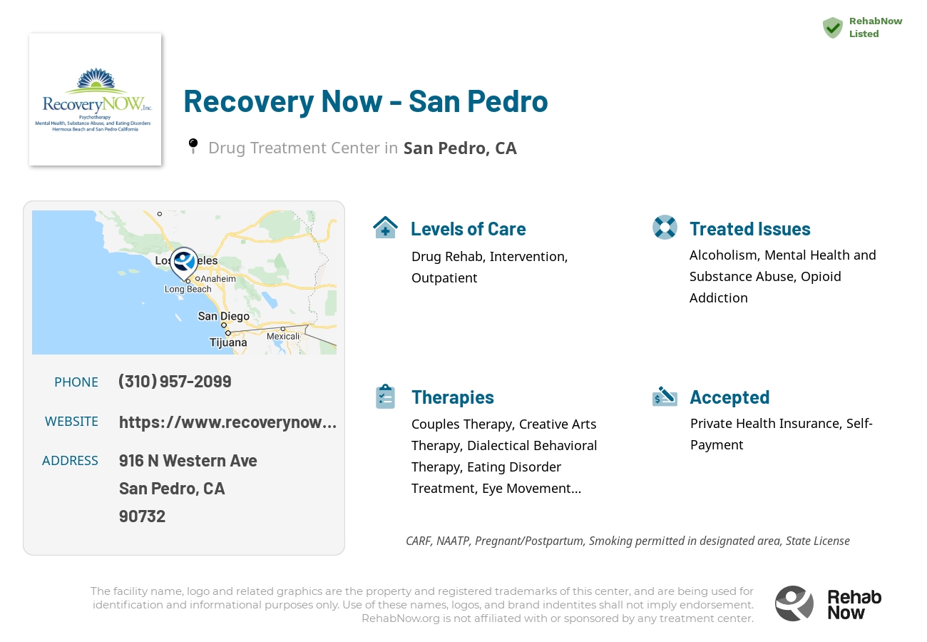 Helpful reference information for Recovery Now - San Pedro, a drug treatment center in California located at: 916 N Western Ave, San Pedro, CA 90732, including phone numbers, official website, and more. Listed briefly is an overview of Levels of Care, Therapies Offered, Issues Treated, and accepted forms of Payment Methods.