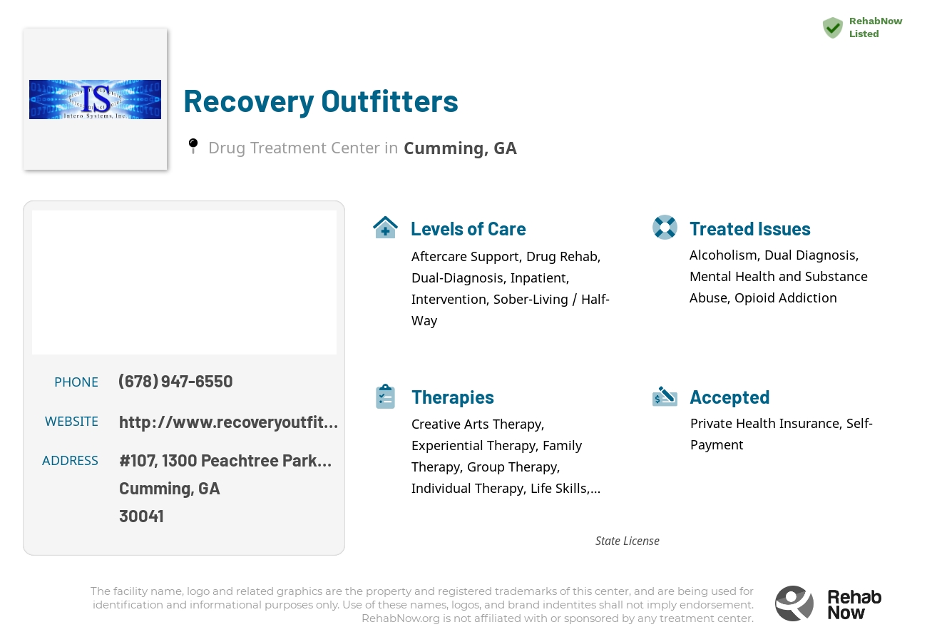 Helpful reference information for Recovery Outfitters, a drug treatment center in Georgia located at: #107, 1300 Peachtree Parkway, Cumming, GA 30041, including phone numbers, official website, and more. Listed briefly is an overview of Levels of Care, Therapies Offered, Issues Treated, and accepted forms of Payment Methods.