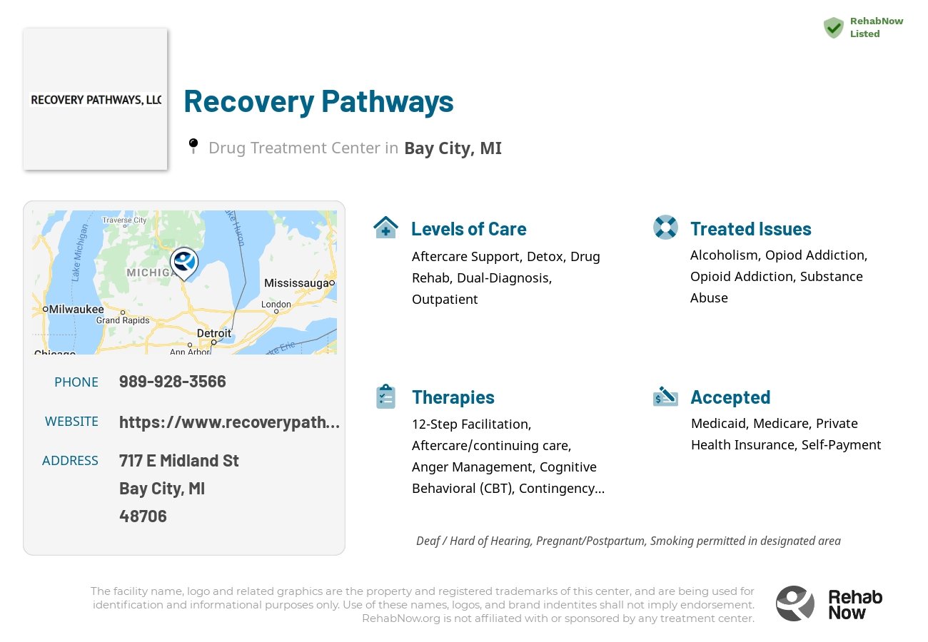 Helpful reference information for Recovery Pathways, a drug treatment center in Michigan located at: 717 E Midland St, Bay City, MI 48706, including phone numbers, official website, and more. Listed briefly is an overview of Levels of Care, Therapies Offered, Issues Treated, and accepted forms of Payment Methods.
