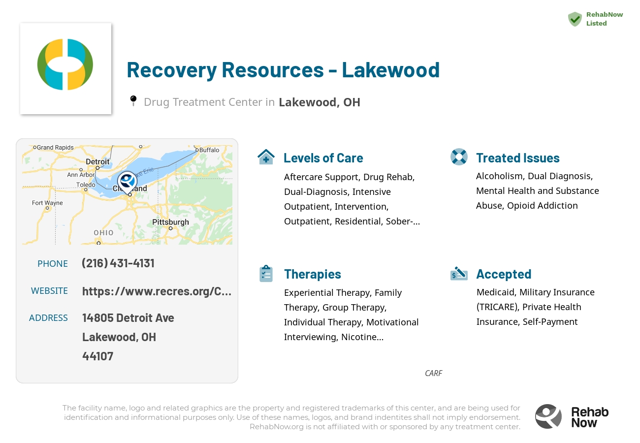 Helpful reference information for Recovery Resources - Lakewood, a drug treatment center in Ohio located at: 14805 Detroit Ave, Lakewood, OH 44107, including phone numbers, official website, and more. Listed briefly is an overview of Levels of Care, Therapies Offered, Issues Treated, and accepted forms of Payment Methods.