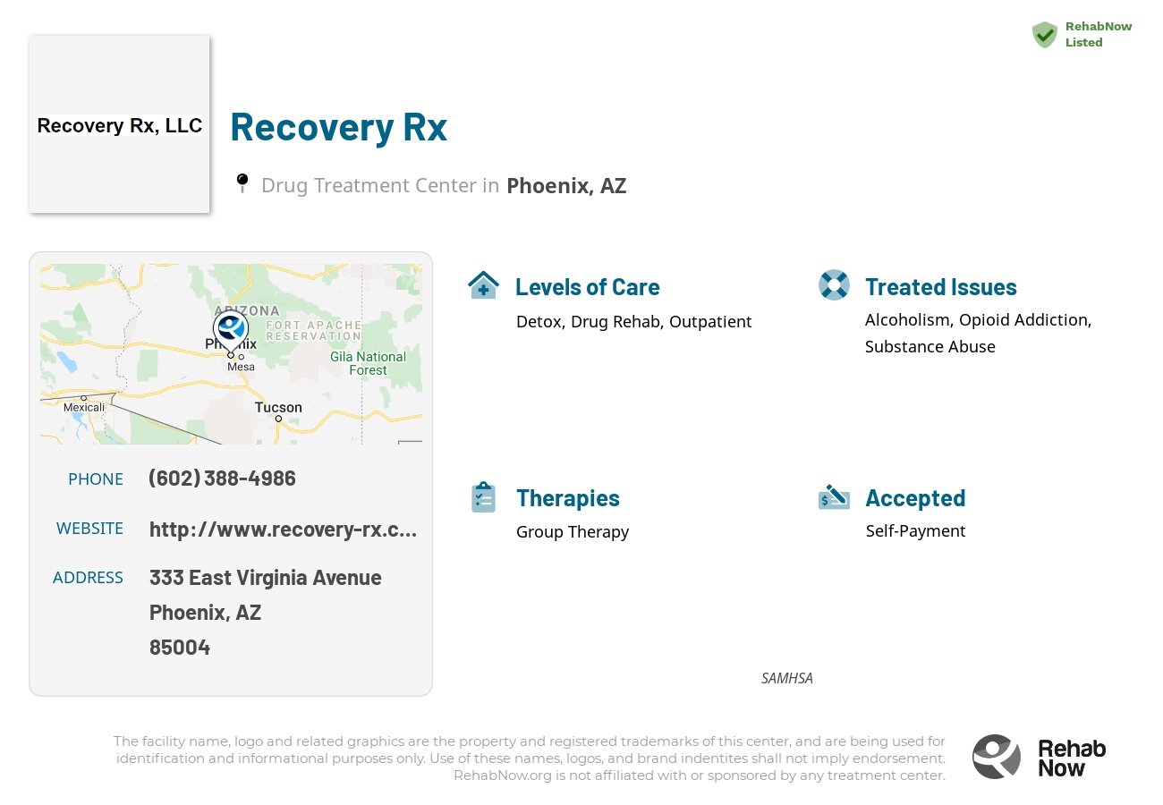 Helpful reference information for Recovery Rx, a drug treatment center in Arizona located at: 333 East Virginia Avenue, Phoenix, AZ, 85004, including phone numbers, official website, and more. Listed briefly is an overview of Levels of Care, Therapies Offered, Issues Treated, and accepted forms of Payment Methods.