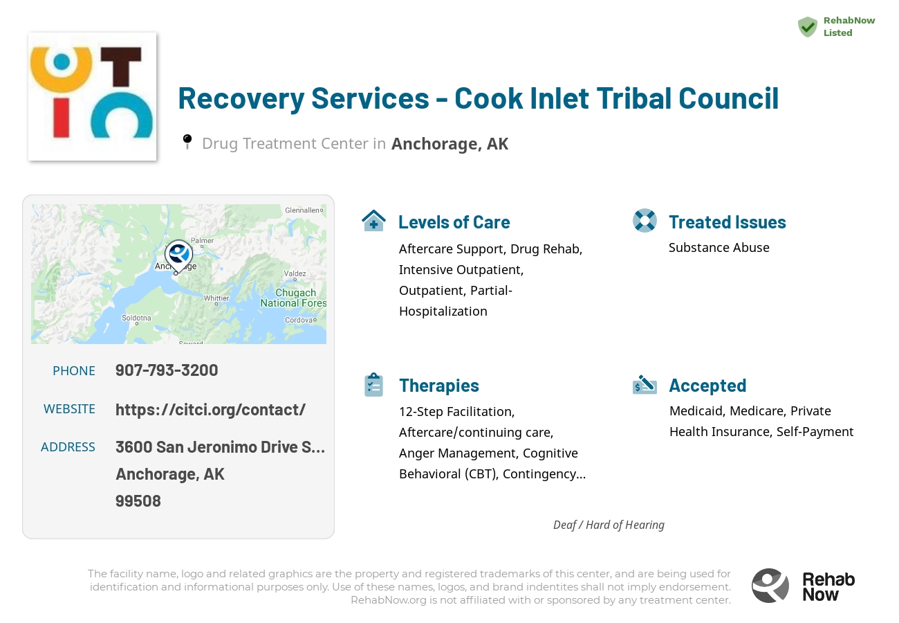 Helpful reference information for Recovery Services - Cook Inlet Tribal Council, a drug treatment center in Alaska located at: 3600 San Jeronimo Drive Suite 210, Anchorage, AK 99508, including phone numbers, official website, and more. Listed briefly is an overview of Levels of Care, Therapies Offered, Issues Treated, and accepted forms of Payment Methods.