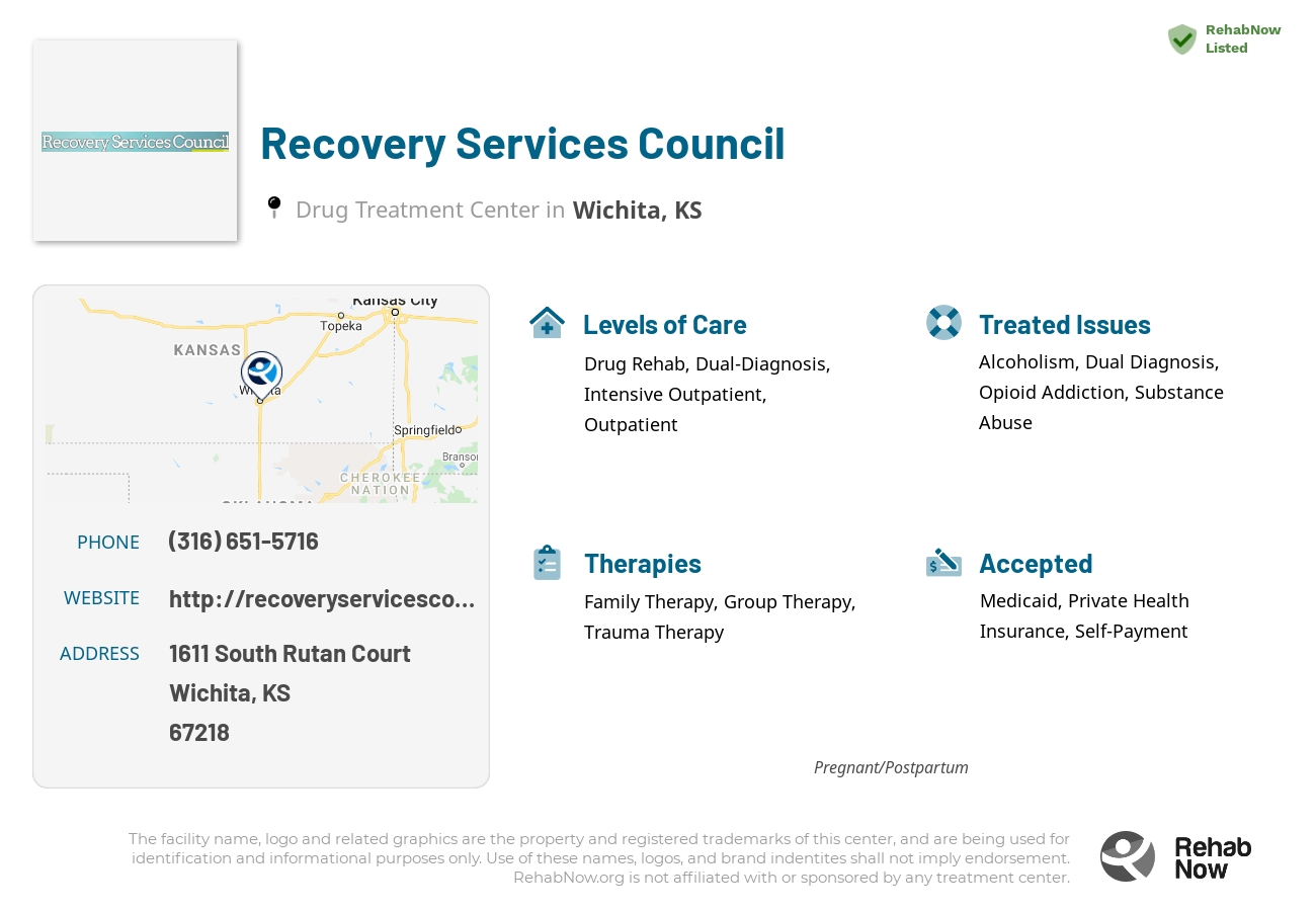 Helpful reference information for Recovery Services Council, a drug treatment center in Kansas located at: 1611 1611 South Rutan Court, Wichita, KS 67218, including phone numbers, official website, and more. Listed briefly is an overview of Levels of Care, Therapies Offered, Issues Treated, and accepted forms of Payment Methods.
