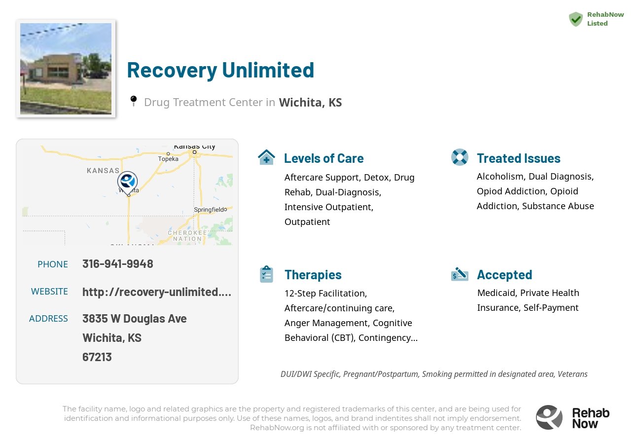 Helpful reference information for Recovery Unlimited, a drug treatment center in Kansas located at: 3835 W Douglas Ave, Wichita, KS 67213, including phone numbers, official website, and more. Listed briefly is an overview of Levels of Care, Therapies Offered, Issues Treated, and accepted forms of Payment Methods.
