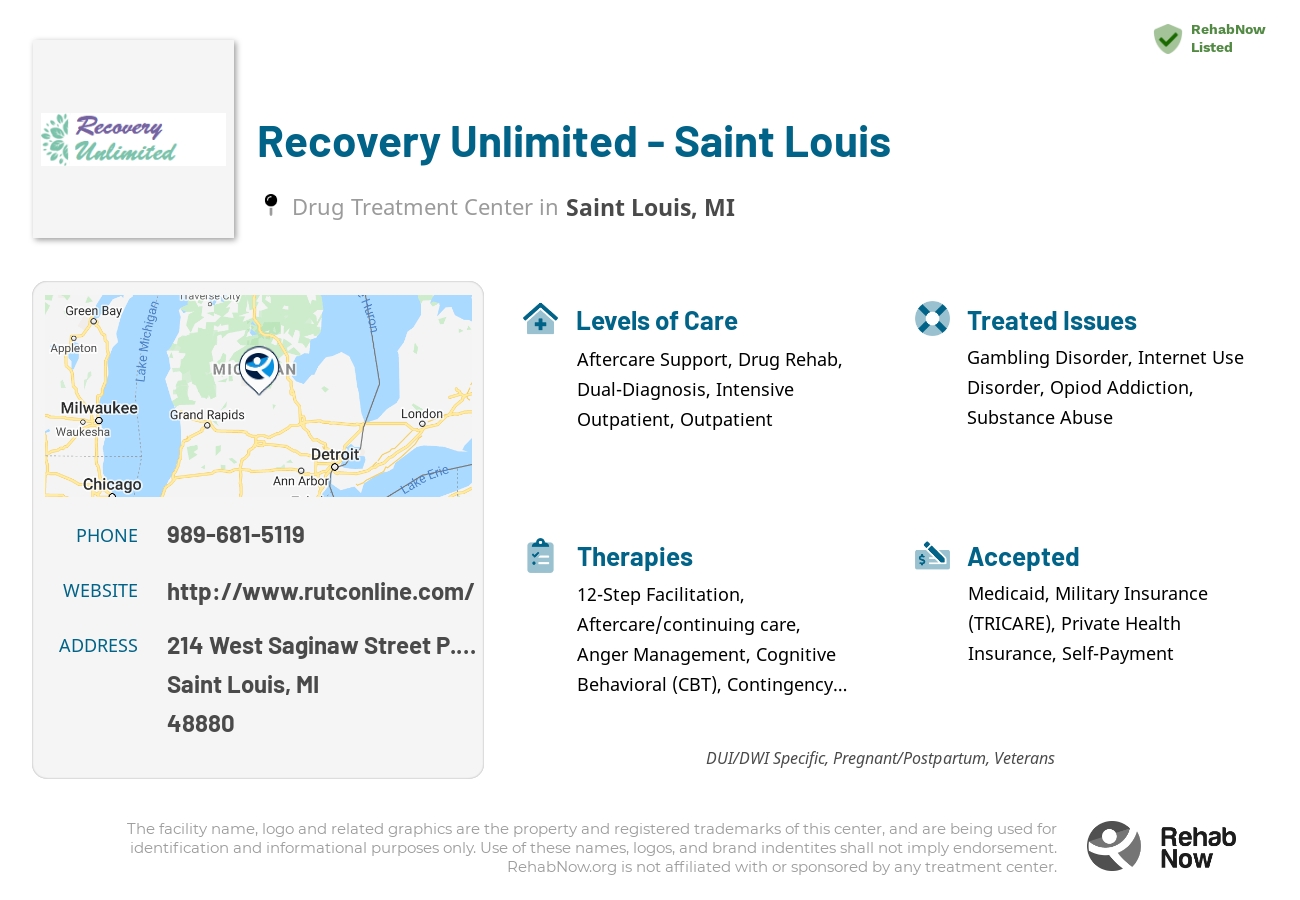Helpful reference information for Recovery Unlimited - Saint Louis, a drug treatment center in Michigan located at: 214 West Saginaw Street P.O. Box 279, Saint Louis, MI 48880, including phone numbers, official website, and more. Listed briefly is an overview of Levels of Care, Therapies Offered, Issues Treated, and accepted forms of Payment Methods.