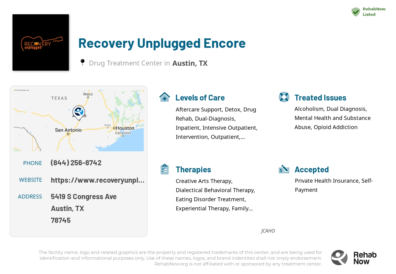 Helpful reference information for Recovery Unplugged Encore, a drug treatment center in Texas located at: 5419 S Congress Ave, Austin, TX 78745, including phone numbers, official website, and more. Listed briefly is an overview of Levels of Care, Therapies Offered, Issues Treated, and accepted forms of Payment Methods.