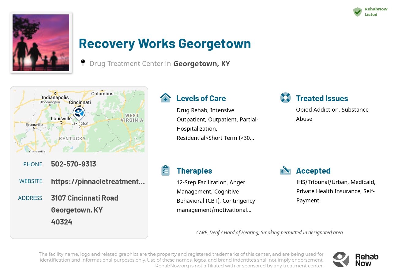 Helpful reference information for Recovery Works Georgetown, a drug treatment center in Kentucky located at: 3107 Cincinnati Road, Georgetown, KY 40324, including phone numbers, official website, and more. Listed briefly is an overview of Levels of Care, Therapies Offered, Issues Treated, and accepted forms of Payment Methods.