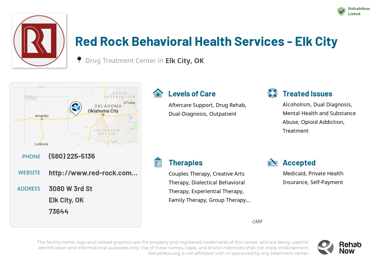 Helpful reference information for Red Rock Behavioral Health Services - Elk City, a drug treatment center in Oklahoma located at: 3080 W 3rd St, Elk City, OK 73644, including phone numbers, official website, and more. Listed briefly is an overview of Levels of Care, Therapies Offered, Issues Treated, and accepted forms of Payment Methods.