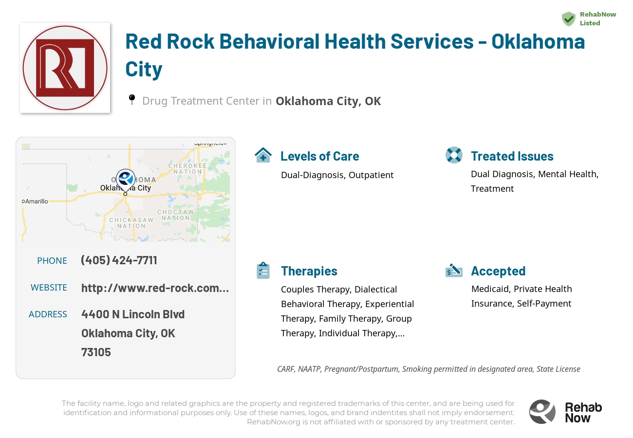 Helpful reference information for Red Rock Behavioral Health Services - Oklahoma City, a drug treatment center in Oklahoma located at: 4400 N Lincoln Blvd, Oklahoma City, OK 73105, including phone numbers, official website, and more. Listed briefly is an overview of Levels of Care, Therapies Offered, Issues Treated, and accepted forms of Payment Methods.