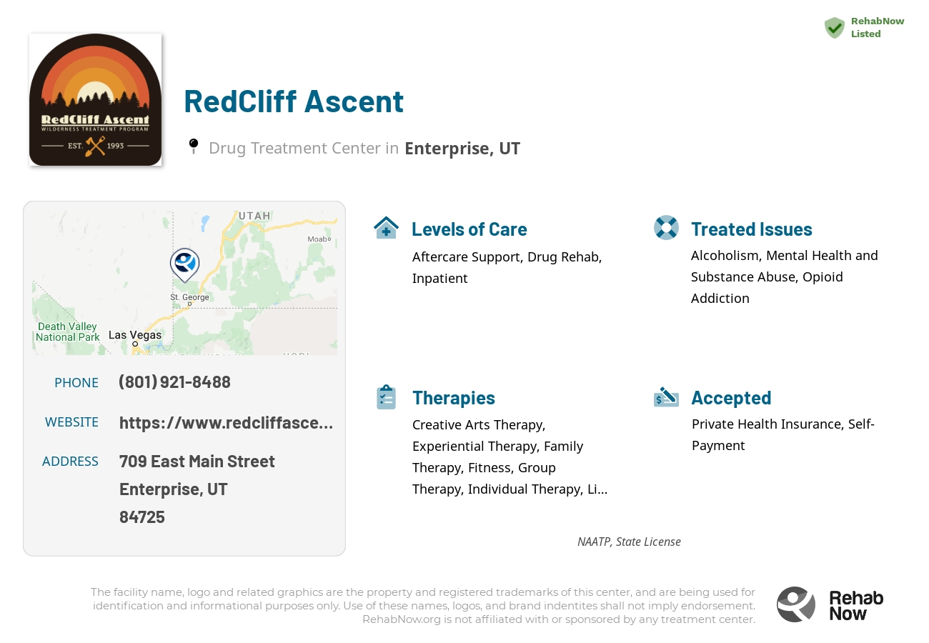 Helpful reference information for RedCliff Ascent, a drug treatment center in Utah located at: 709 709 East Main Street, Enterprise, UT 84725, including phone numbers, official website, and more. Listed briefly is an overview of Levels of Care, Therapies Offered, Issues Treated, and accepted forms of Payment Methods.