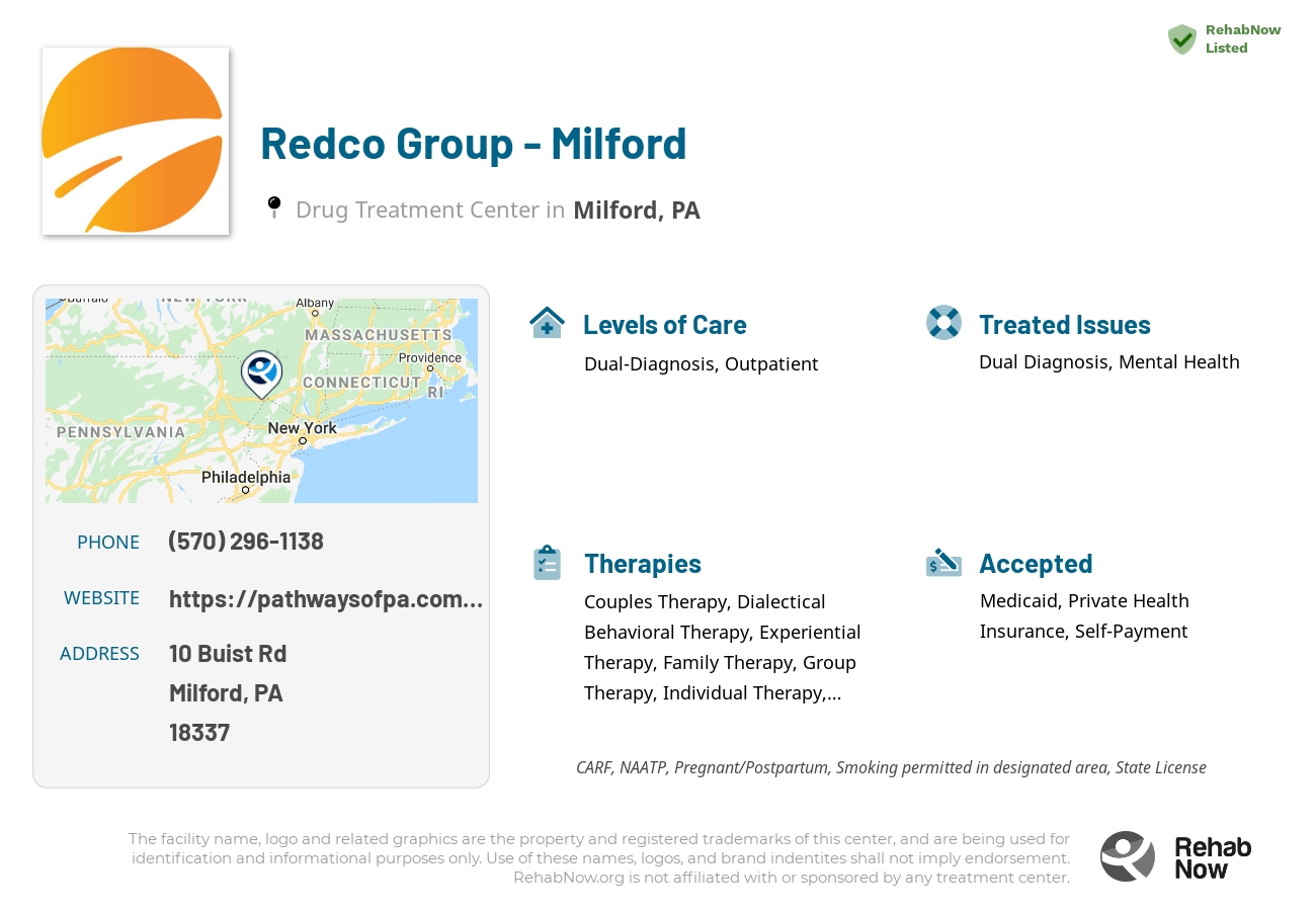 Helpful reference information for Redco Group - Milford, a drug treatment center in Pennsylvania located at: 10 Buist Rd, Milford, PA 18337, including phone numbers, official website, and more. Listed briefly is an overview of Levels of Care, Therapies Offered, Issues Treated, and accepted forms of Payment Methods.