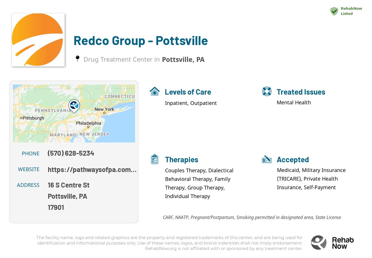 Helpful reference information for Redco Group - Pottsville, a drug treatment center in Pennsylvania located at: 16 S Centre St, Pottsville, PA 17901, including phone numbers, official website, and more. Listed briefly is an overview of Levels of Care, Therapies Offered, Issues Treated, and accepted forms of Payment Methods.