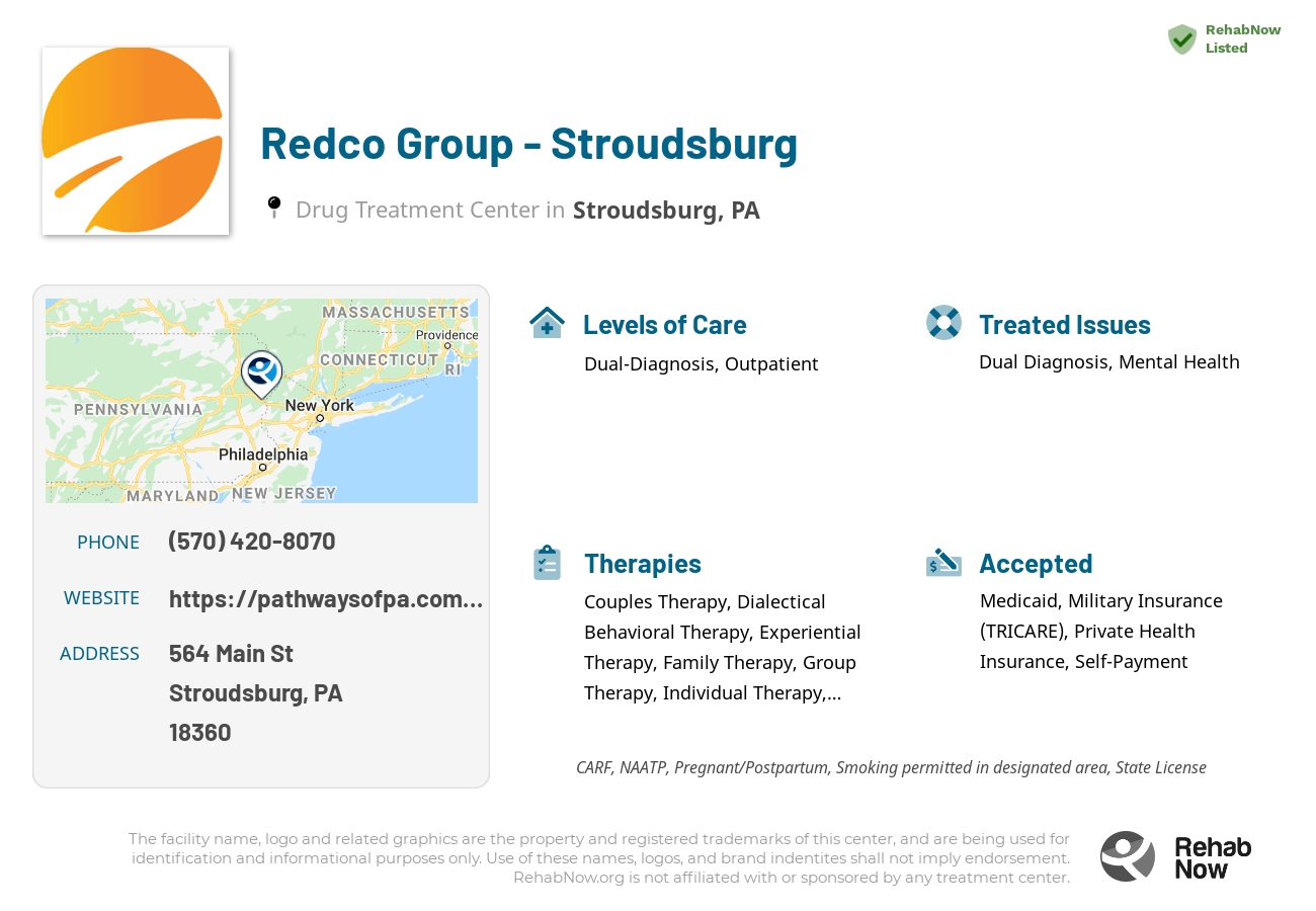 Helpful reference information for Redco Group - Stroudsburg, a drug treatment center in Pennsylvania located at: 564 Main St, Stroudsburg, PA 18360, including phone numbers, official website, and more. Listed briefly is an overview of Levels of Care, Therapies Offered, Issues Treated, and accepted forms of Payment Methods.