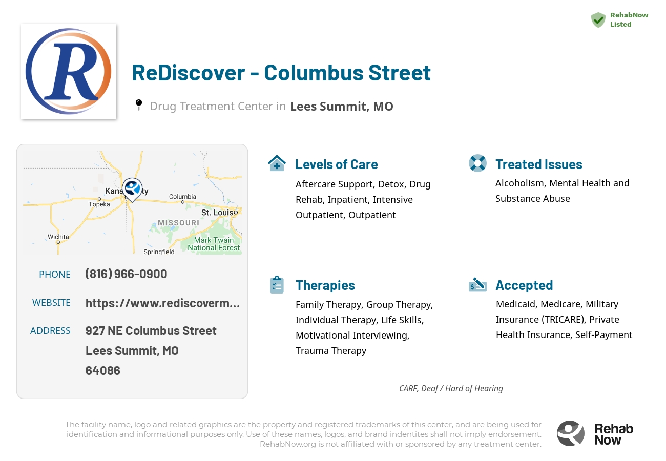 Helpful reference information for ReDiscover - Columbus Street, a drug treatment center in Missouri located at: 927 NE Columbus Street, Lees Summit, MO, 64086, including phone numbers, official website, and more. Listed briefly is an overview of Levels of Care, Therapies Offered, Issues Treated, and accepted forms of Payment Methods.