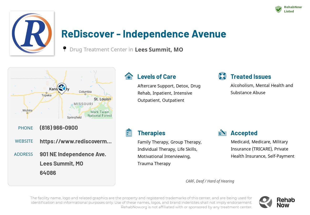 Helpful reference information for ReDiscover - Independence Avenue, a drug treatment center in Missouri located at: 901 NE Independence Ave., Lees Summit, MO, 64086, including phone numbers, official website, and more. Listed briefly is an overview of Levels of Care, Therapies Offered, Issues Treated, and accepted forms of Payment Methods.