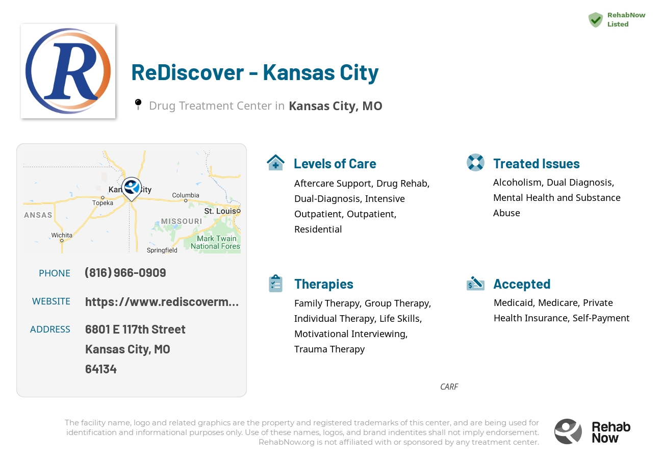 Helpful reference information for ReDiscover - Kansas City, a drug treatment center in Missouri located at: 6801 6801 E 117th Street, Kansas City, MO 64134, including phone numbers, official website, and more. Listed briefly is an overview of Levels of Care, Therapies Offered, Issues Treated, and accepted forms of Payment Methods.