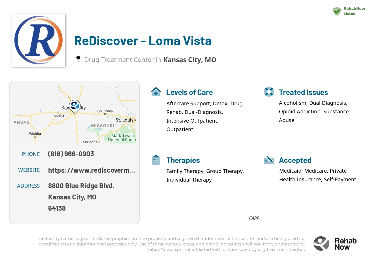 Helpful reference information for ReDiscover - Loma Vista, a drug treatment center in Missouri located at: 8800 Blue Ridge Blvd., Kansas City, MO 64138, including phone numbers, official website, and more. Listed briefly is an overview of Levels of Care, Therapies Offered, Issues Treated, and accepted forms of Payment Methods.