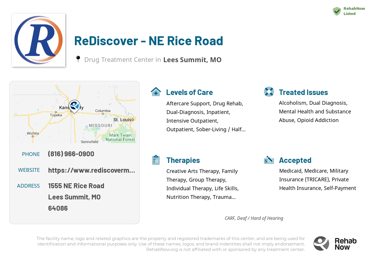 Helpful reference information for ReDiscover - NE Rice Road, a drug treatment center in Missouri located at: 1555 NE Rice Road, Lees Summit, MO, 64086, including phone numbers, official website, and more. Listed briefly is an overview of Levels of Care, Therapies Offered, Issues Treated, and accepted forms of Payment Methods.