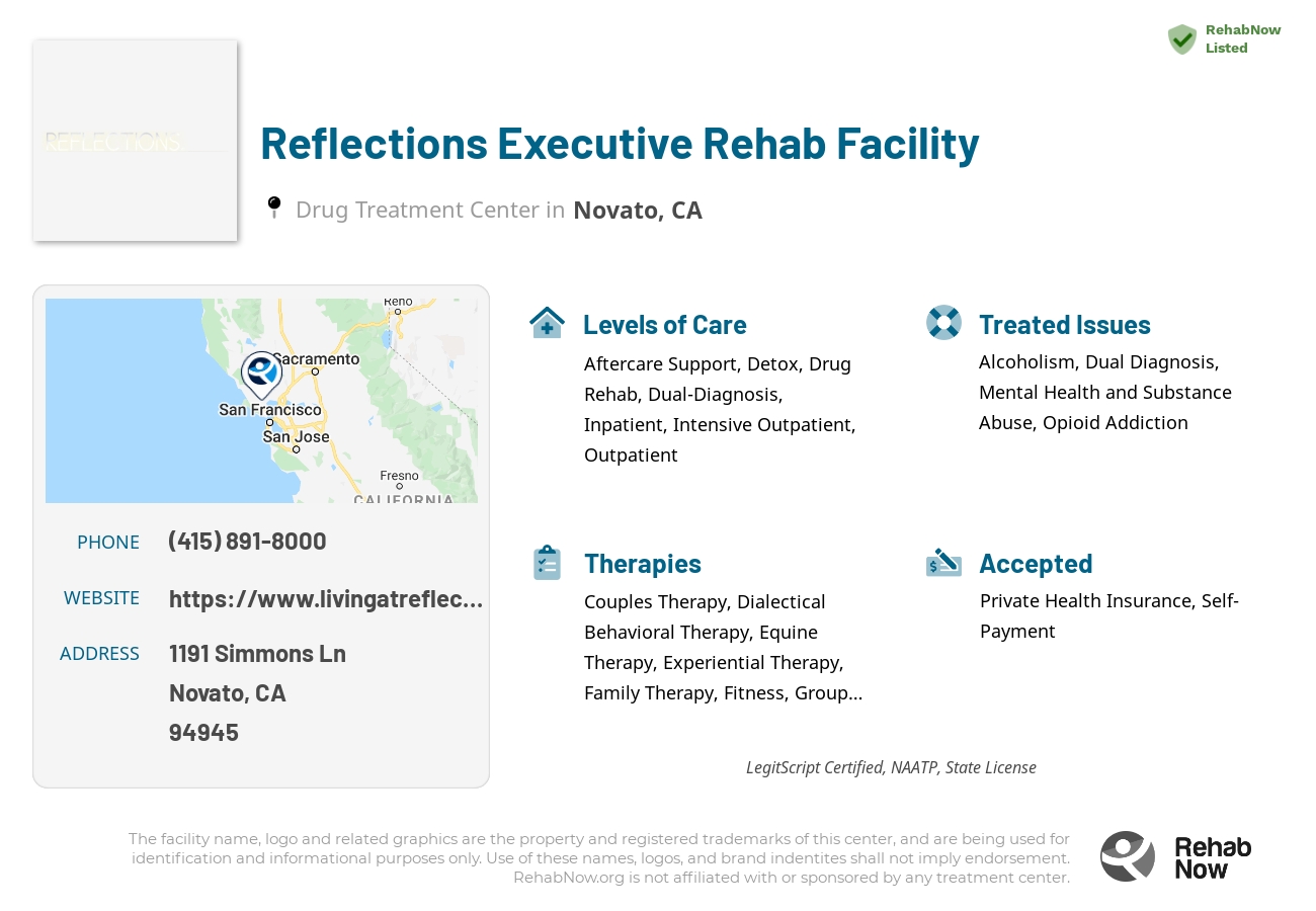 Helpful reference information for Reflections Executive Rehab Facility, a drug treatment center in California located at: 1191 Simmons Ln, Novato, CA 94945, including phone numbers, official website, and more. Listed briefly is an overview of Levels of Care, Therapies Offered, Issues Treated, and accepted forms of Payment Methods.