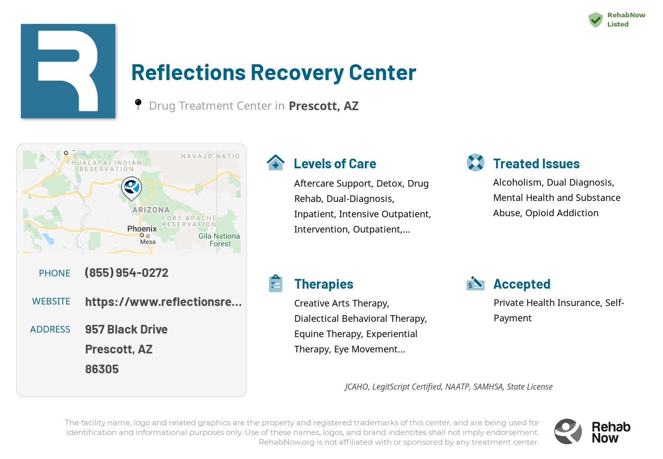 Helpful reference information for Reflections Recovery Center, a drug treatment center in Arizona located at: 957 Black Drive, Prescott, AZ, 86305, including phone numbers, official website, and more. Listed briefly is an overview of Levels of Care, Therapies Offered, Issues Treated, and accepted forms of Payment Methods.
