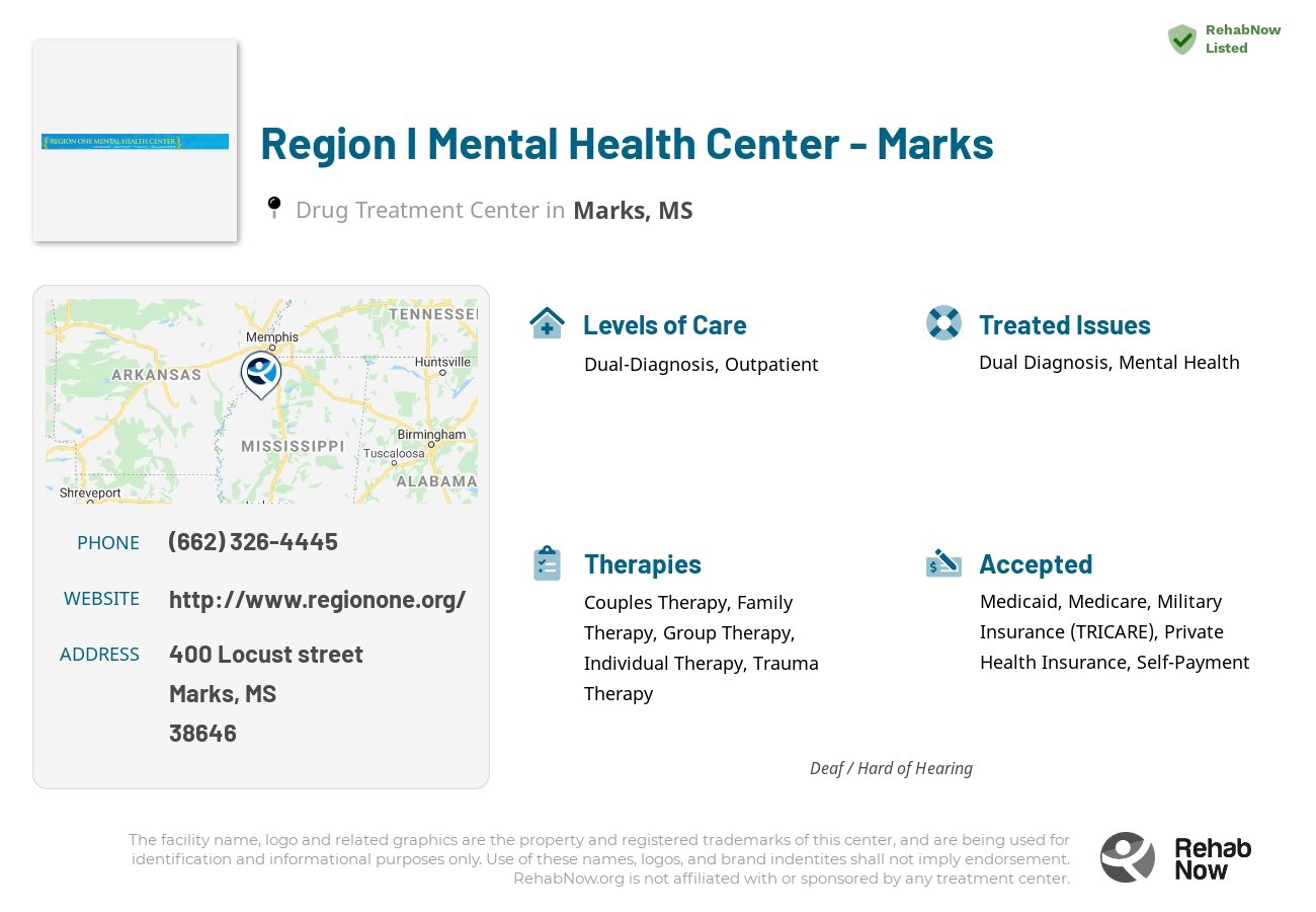 Helpful reference information for Region I Mental Health Center - Marks, a drug treatment center in Mississippi located at: 400 Locust street, Marks, MS 38646, including phone numbers, official website, and more. Listed briefly is an overview of Levels of Care, Therapies Offered, Issues Treated, and accepted forms of Payment Methods.