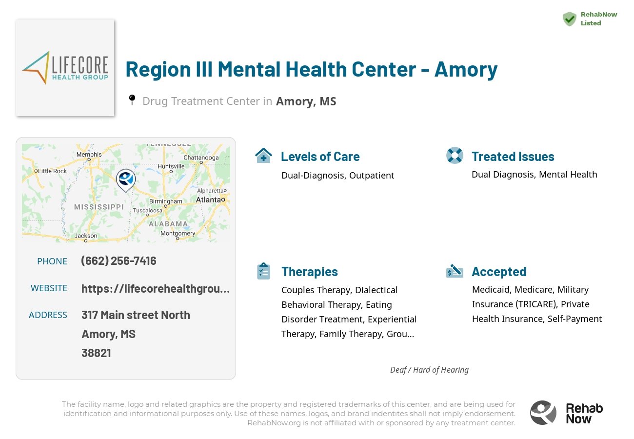Helpful reference information for Region III Mental Health Center - Amory, a drug treatment center in Mississippi located at: 317 317 Main street North, Amory, MS 38821, including phone numbers, official website, and more. Listed briefly is an overview of Levels of Care, Therapies Offered, Issues Treated, and accepted forms of Payment Methods.