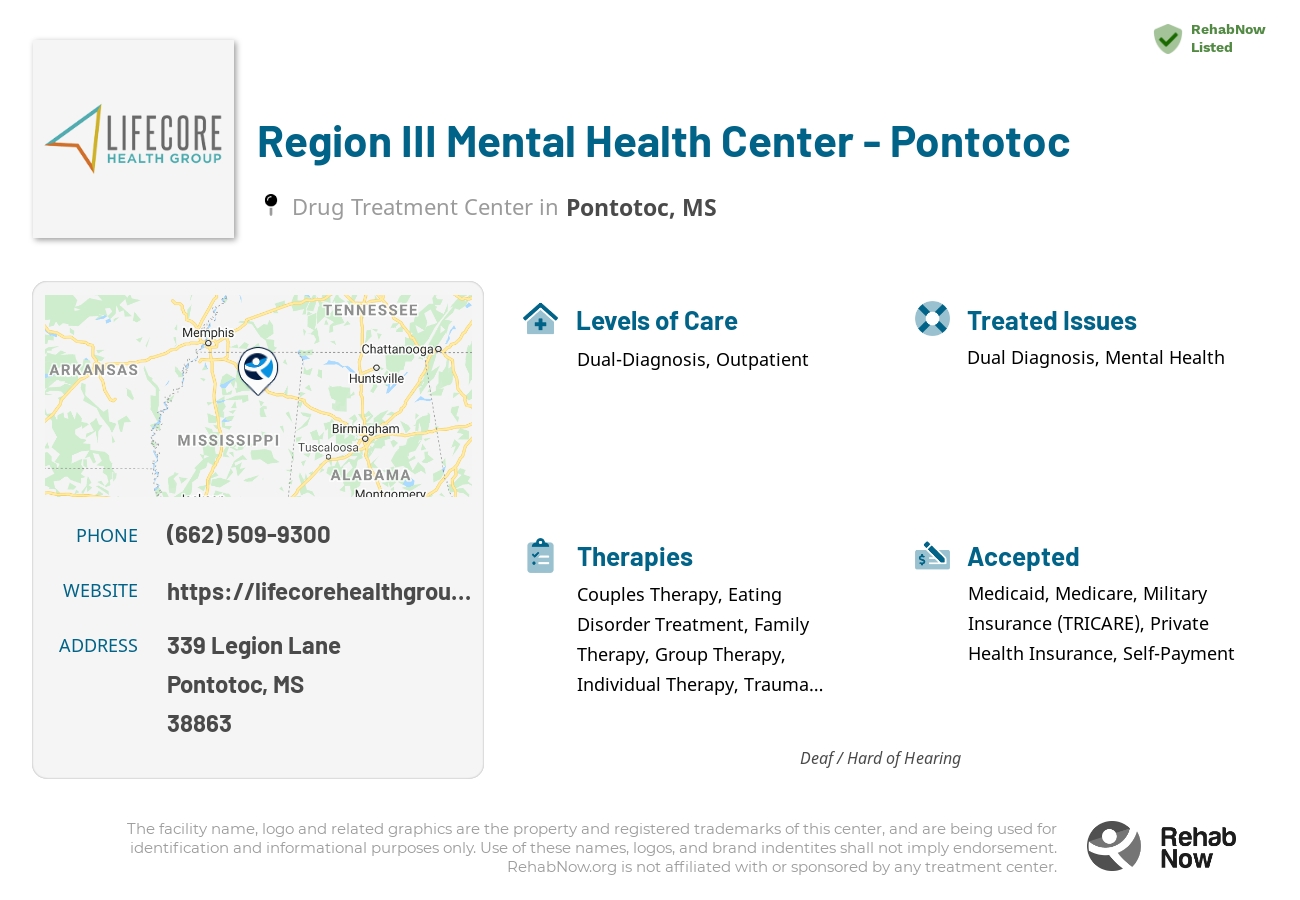 Helpful reference information for Region III Mental Health Center - Pontotoc, a drug treatment center in Mississippi located at: 339 Legion Lane, Pontotoc, MS 38863, including phone numbers, official website, and more. Listed briefly is an overview of Levels of Care, Therapies Offered, Issues Treated, and accepted forms of Payment Methods.