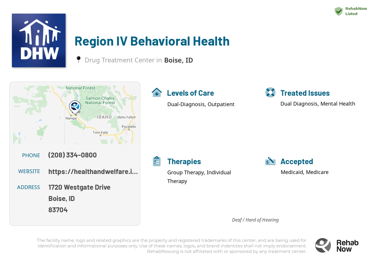 Helpful reference information for Region IV Behavioral Health, a drug treatment center in Idaho located at: 1720 1720 Westgate Drive, Boise, ID 83704, including phone numbers, official website, and more. Listed briefly is an overview of Levels of Care, Therapies Offered, Issues Treated, and accepted forms of Payment Methods.