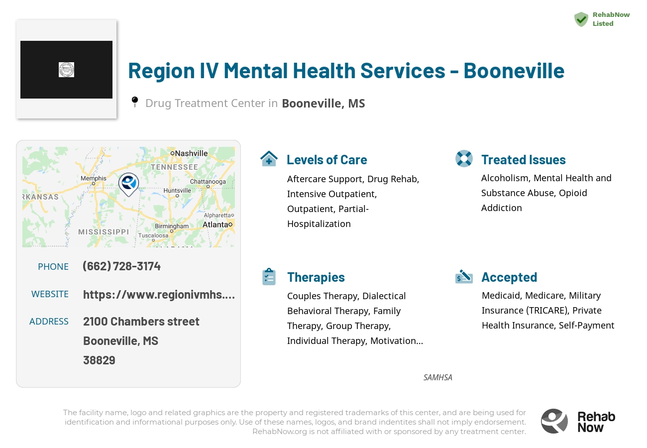 Helpful reference information for Region IV Mental Health Services - Booneville, a drug treatment center in Mississippi located at: 2100 2100 Chambers street, Booneville, MS 38829, including phone numbers, official website, and more. Listed briefly is an overview of Levels of Care, Therapies Offered, Issues Treated, and accepted forms of Payment Methods.
