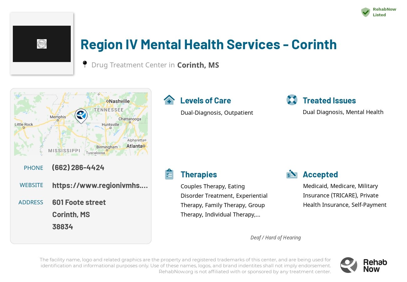 Helpful reference information for Region IV Mental Health Services - Corinth, a drug treatment center in Mississippi located at: 601 601 Foote street, Corinth, MS 38834, including phone numbers, official website, and more. Listed briefly is an overview of Levels of Care, Therapies Offered, Issues Treated, and accepted forms of Payment Methods.