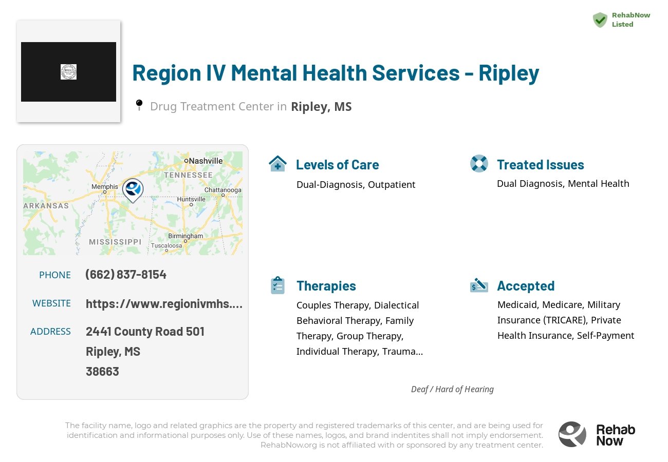 Helpful reference information for Region IV Mental Health Services - Ripley, a drug treatment center in Mississippi located at: 2441 2441 County Road 501, Ripley, MS 38663, including phone numbers, official website, and more. Listed briefly is an overview of Levels of Care, Therapies Offered, Issues Treated, and accepted forms of Payment Methods.