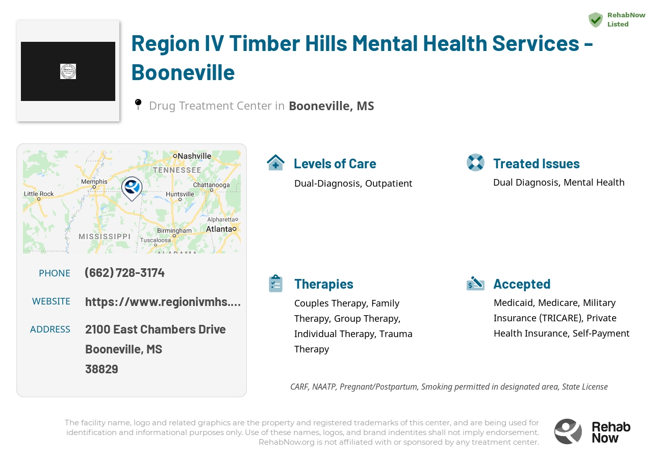 Helpful reference information for Region IV Timber Hills Mental Health Services - Booneville, a drug treatment center in Mississippi located at: 2100 2100 East Chambers Drive, Booneville, MS 38829, including phone numbers, official website, and more. Listed briefly is an overview of Levels of Care, Therapies Offered, Issues Treated, and accepted forms of Payment Methods.