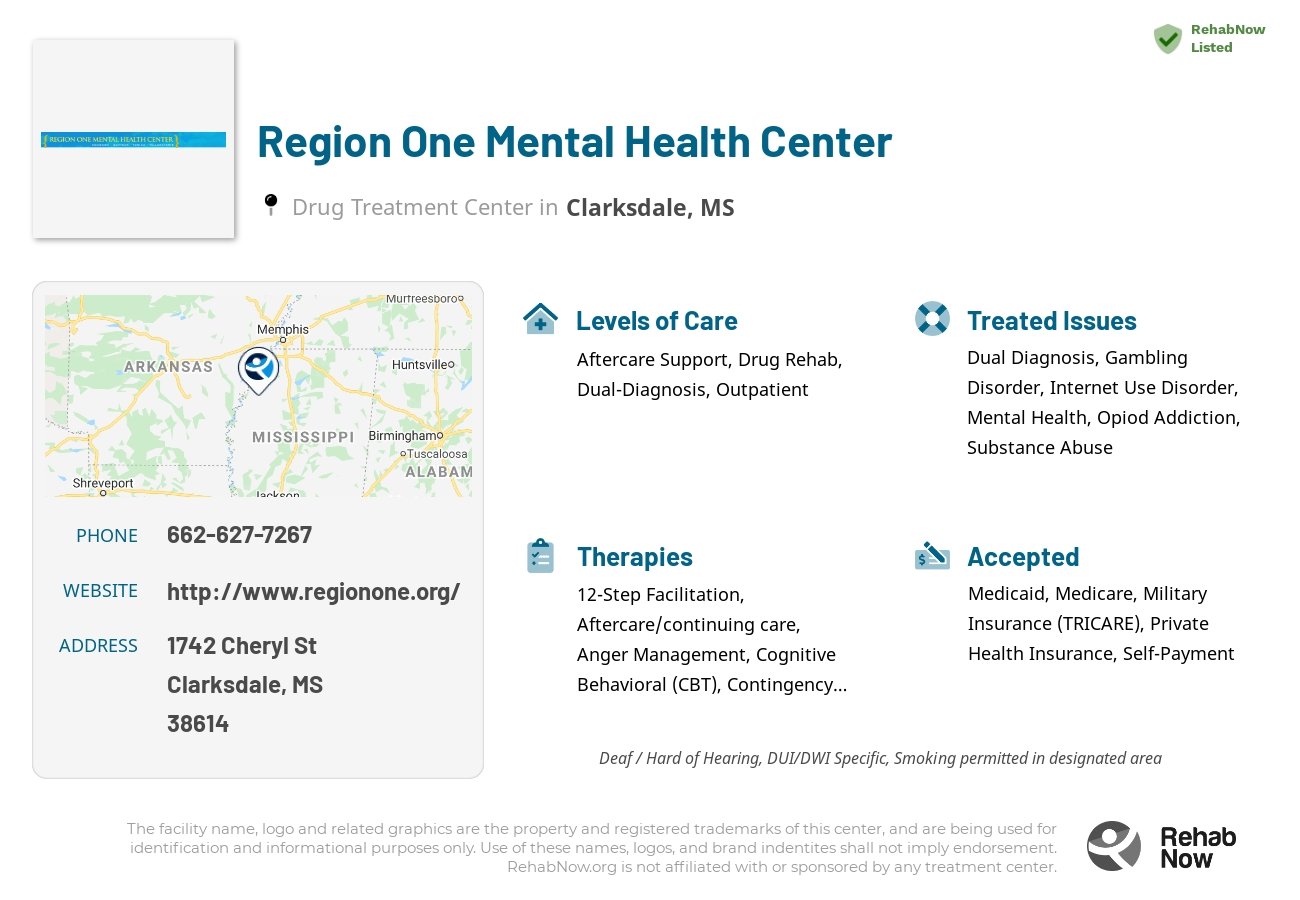 Helpful reference information for Region One Mental Health Center, a drug treatment center in Mississippi located at: 1742 Cheryl St, Clarksdale, MS 38614, including phone numbers, official website, and more. Listed briefly is an overview of Levels of Care, Therapies Offered, Issues Treated, and accepted forms of Payment Methods.
