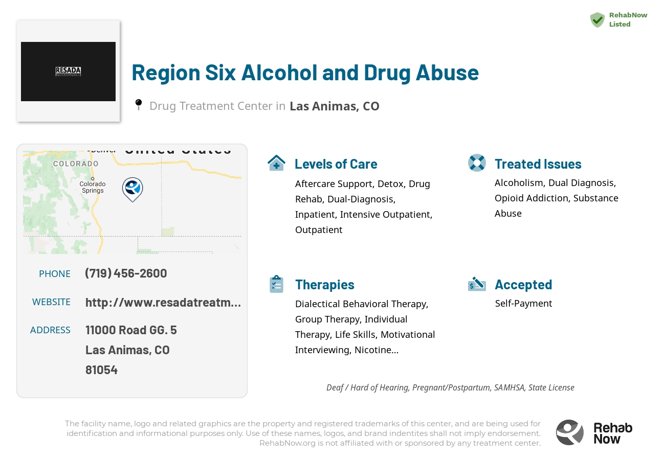 Helpful reference information for Region Six Alcohol and Drug Abuse, a drug treatment center in Colorado located at: 11000 Road GG. 5, Las Animas, CO, 81054, including phone numbers, official website, and more. Listed briefly is an overview of Levels of Care, Therapies Offered, Issues Treated, and accepted forms of Payment Methods.