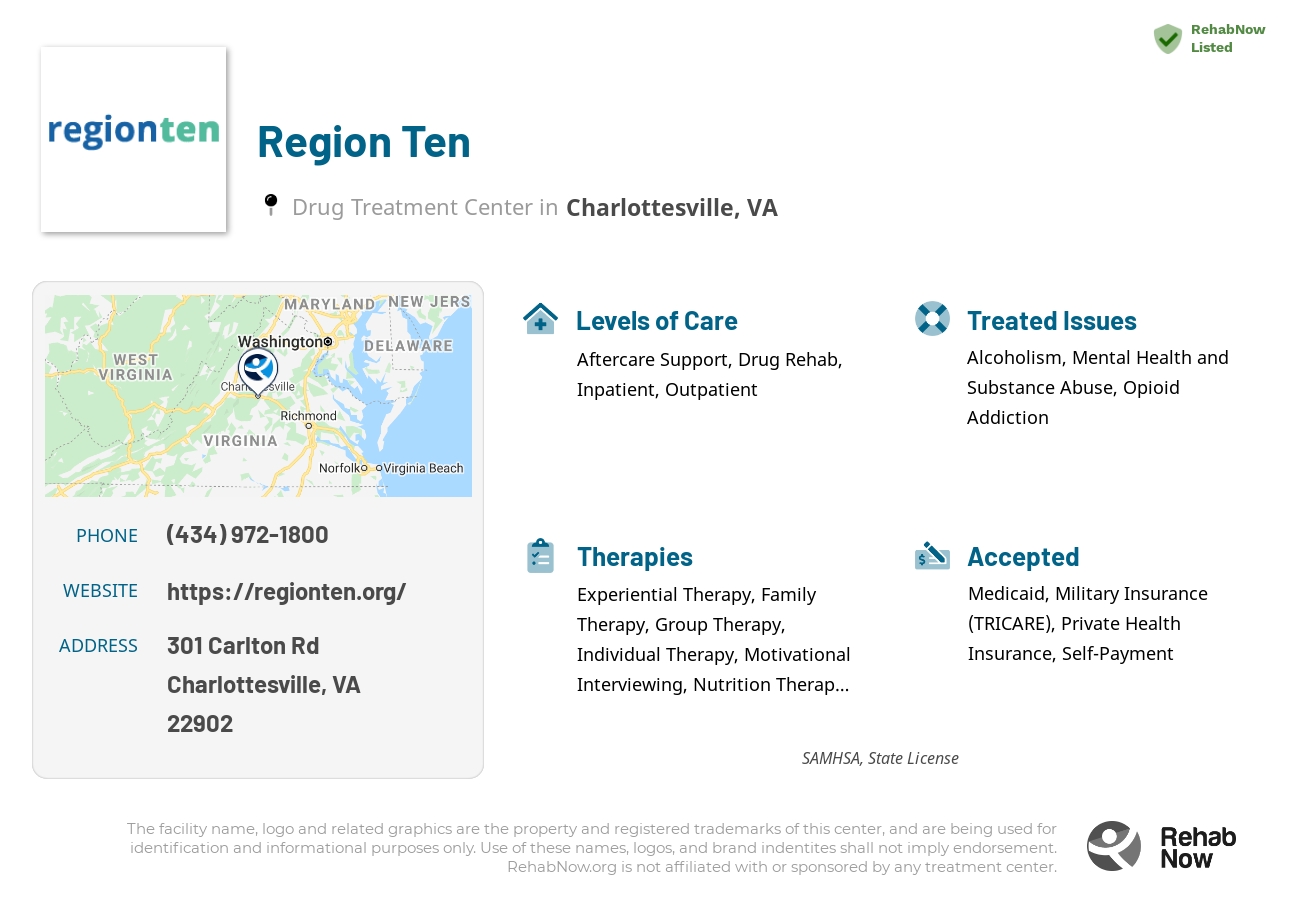 Helpful reference information for Region Ten, a drug treatment center in Virginia located at: 301 Carlton Rd, Charlottesville, VA 22902, including phone numbers, official website, and more. Listed briefly is an overview of Levels of Care, Therapies Offered, Issues Treated, and accepted forms of Payment Methods.