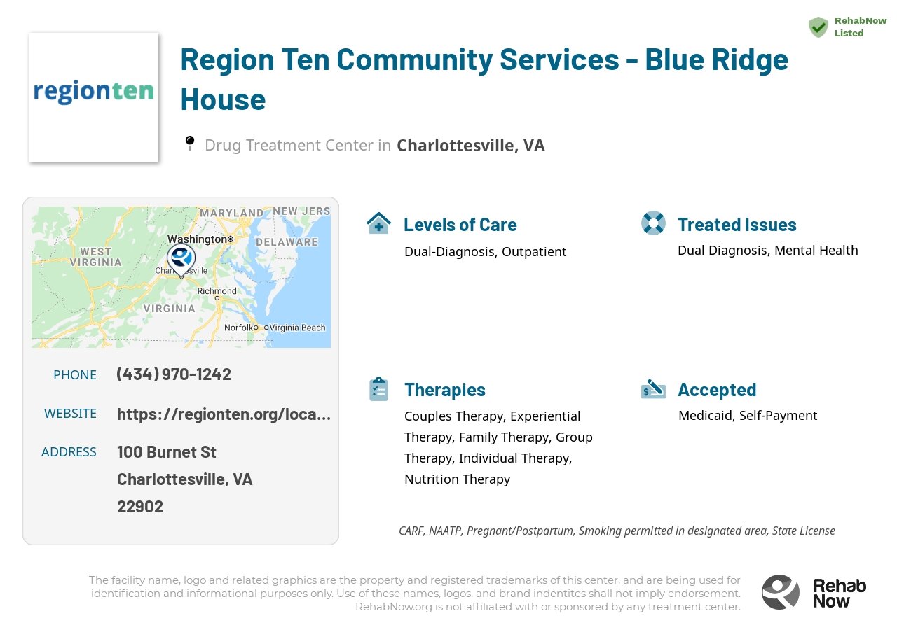 Helpful reference information for Region Ten Community Services - Blue Ridge House, a drug treatment center in Virginia located at: 100 Burnet St, Charlottesville, VA 22902, including phone numbers, official website, and more. Listed briefly is an overview of Levels of Care, Therapies Offered, Issues Treated, and accepted forms of Payment Methods.