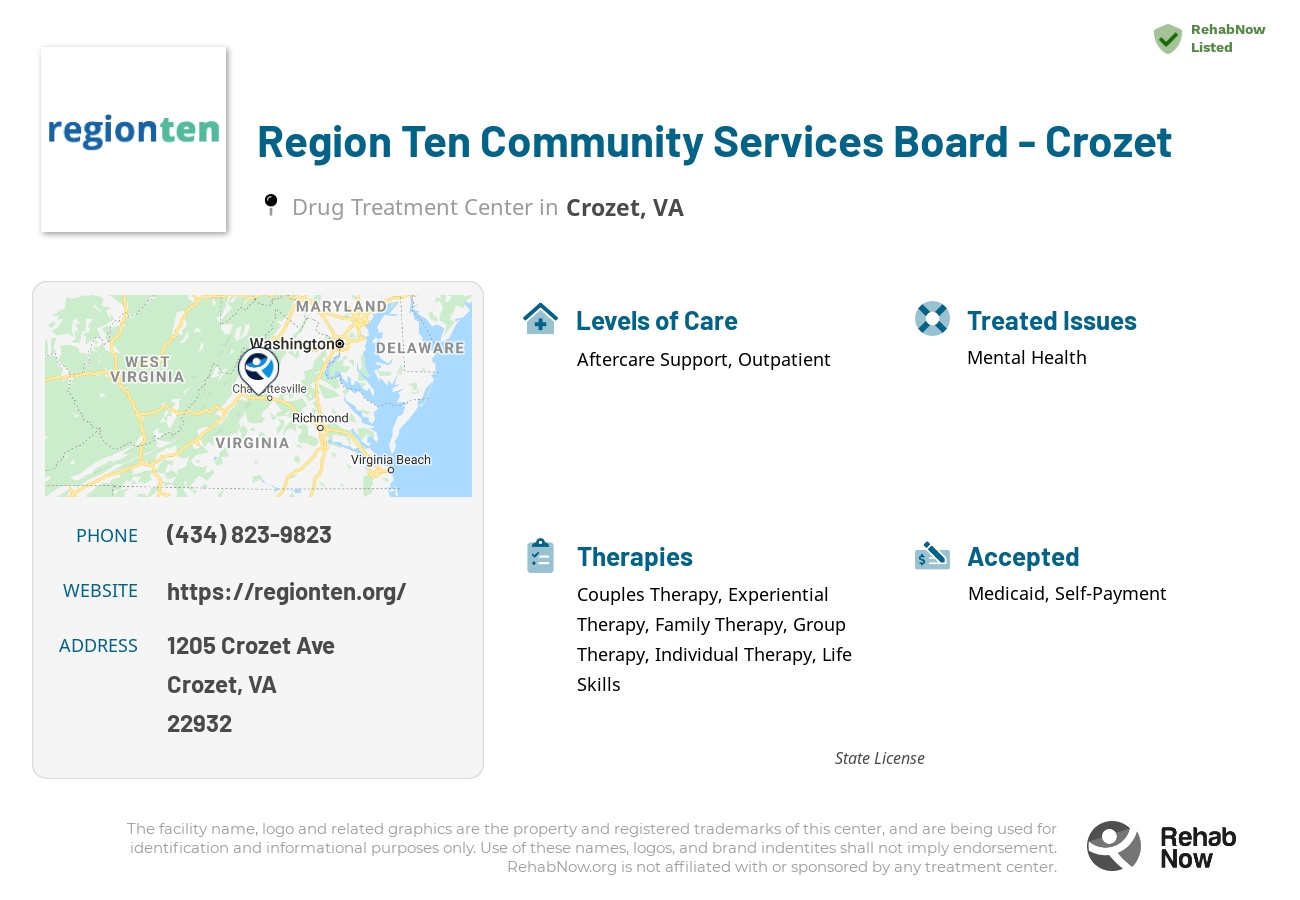 Helpful reference information for Region Ten Community Services Board - Crozet, a drug treatment center in Virginia located at: 1205 Crozet Ave, Crozet, VA 22932, including phone numbers, official website, and more. Listed briefly is an overview of Levels of Care, Therapies Offered, Issues Treated, and accepted forms of Payment Methods.