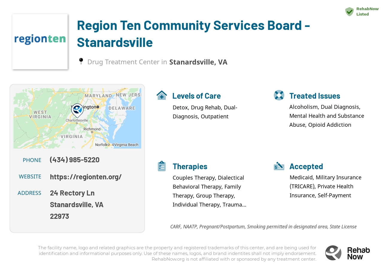 Helpful reference information for Region Ten Community Services Board - Stanardsville, a drug treatment center in Virginia located at: 24 Rectory Ln, Stanardsville, VA 22973, including phone numbers, official website, and more. Listed briefly is an overview of Levels of Care, Therapies Offered, Issues Treated, and accepted forms of Payment Methods.