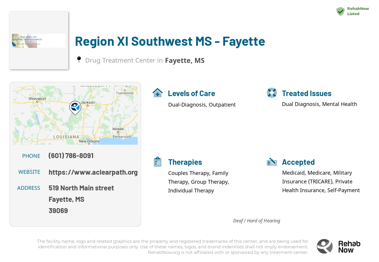 Helpful reference information for Region XI Southwest MS - Fayette, a drug treatment center in Mississippi located at: 519 519 North Main street, Fayette, MS 39069, including phone numbers, official website, and more. Listed briefly is an overview of Levels of Care, Therapies Offered, Issues Treated, and accepted forms of Payment Methods.